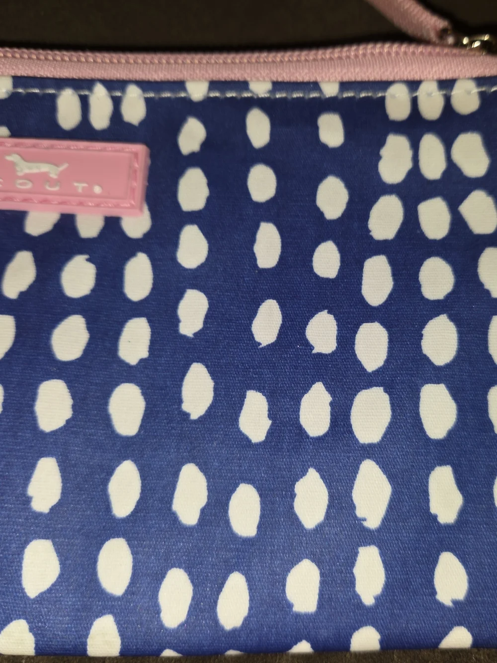 Scout Brand Blue & White Dot Bottoms Wristlet with Pink Trim